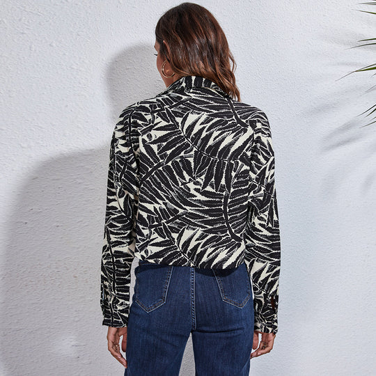Damen Modische Bluse mit tropischem Blattmuster und lässigem Schnitt EB