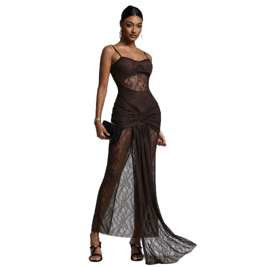 Damen Elegantes Spitzenmaxikleid mit raffinierter Drapierung EB