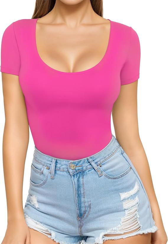 Damen figurbetontes Kurzarm-Body mit rundem Ausschnitt und nahtlosem Design EB
