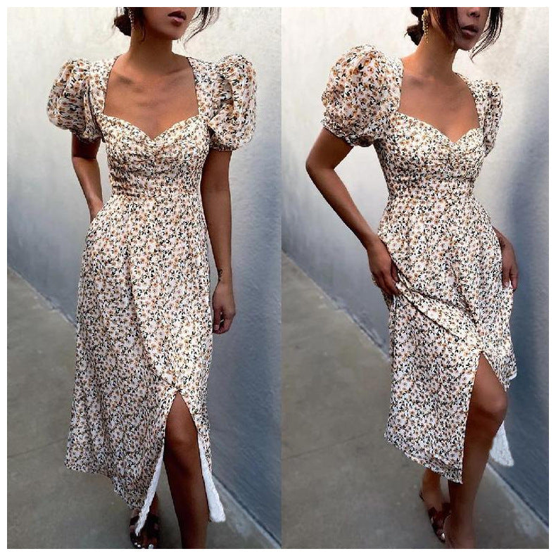 Damen Midi-Kleid mit ballonartigen Ärmeln und aufregendem Muster EB