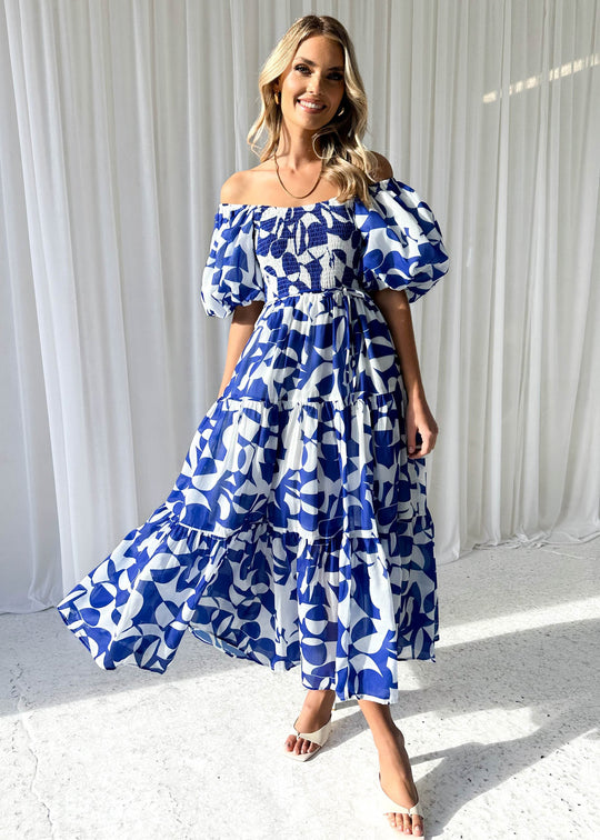 Damen Maxikleid mit schulterfreiem Schnitt und luftigen Puffärmeln EB