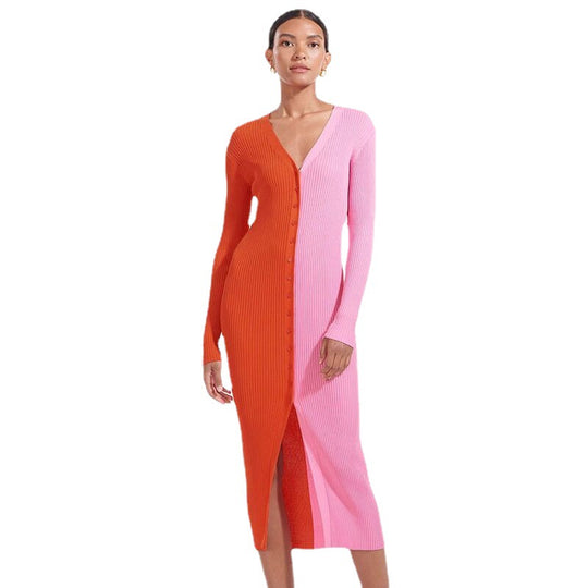 Damen Knopf-Design Maxikleid mit tiefem V-Ausschnitt und Rippstruktur EB