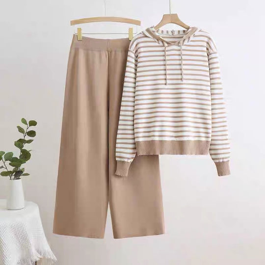 Damen gestreiftes Freizeitset mit Kapuze und weitem Schnitt EB