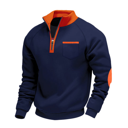 Herren Raglan-Halbzip-Sweatshirt mit Stehkragen, Brusttasche & Ellbogenapplikation EB