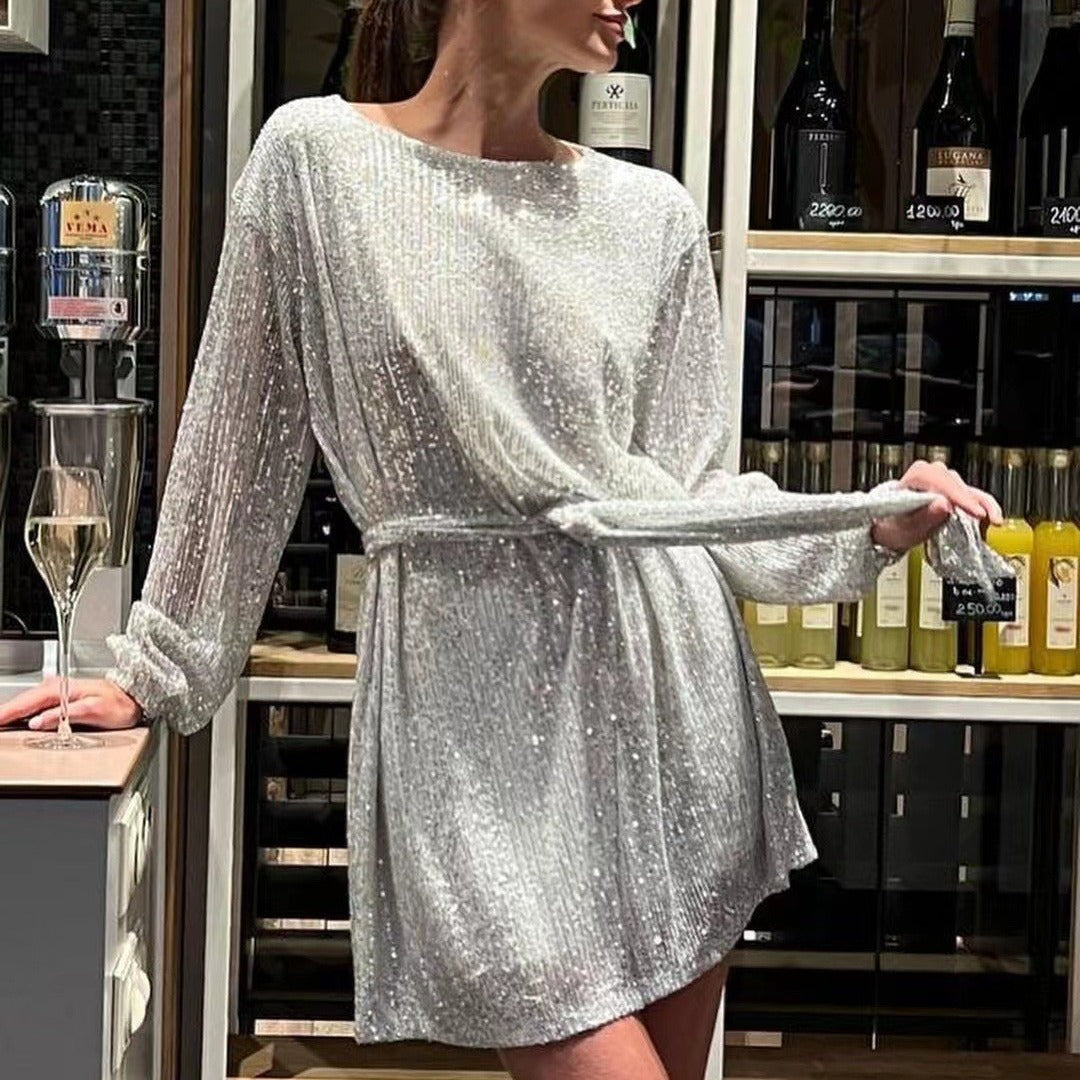 Damen Glamouröses Cocktailkleid mit funkelnden Lurex-Fäden und elastischem Taillengürtel EB