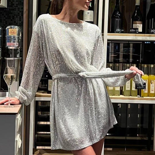 Damen Glamouröses Cocktailkleid mit funkelnden Lurex-Fäden und elastischem Taillengürtel EB