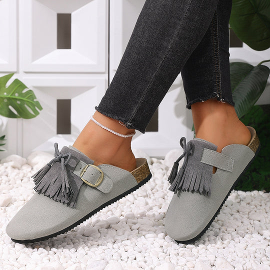 Damen Clogs mit dekorativen Fransen und verstellbarem Schnallenverschluss EB