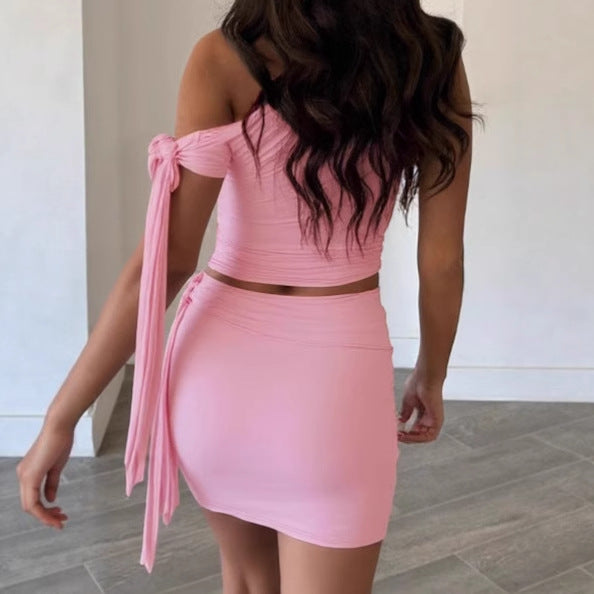 Damen Set mit asymmetrischem Oberteil und kurzem Rock EB