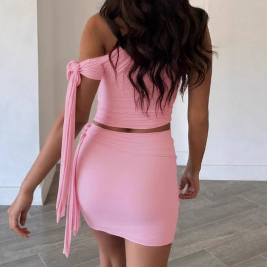 Damen Set mit asymmetrischem Oberteil und kurzem Rock EB