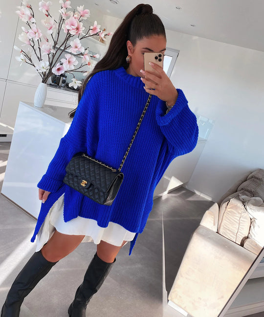 Damen grob gestrickter Oversize-Pullover mit V-Ausschnitt und lässigem Schnitt EB