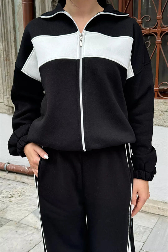 Damen Komfortables Campus-Lounge-Set mit kurzem Reißverschluss-Top und Seitenstreifen-Jogger EB