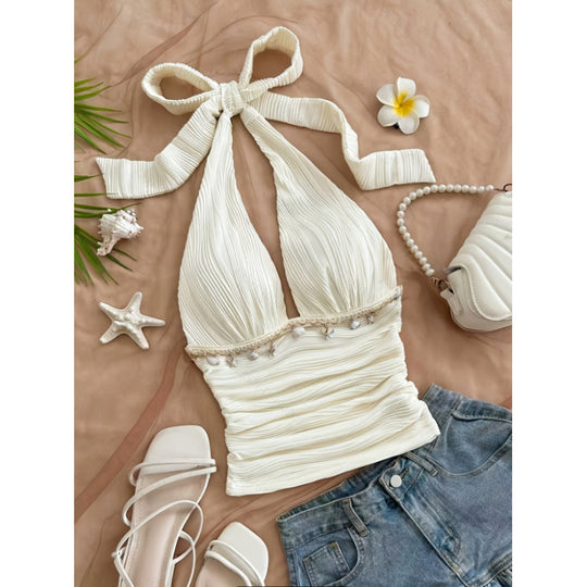 Damen Hochflexibles Crop-Top mit nahtlosem Design und Rüschen EB