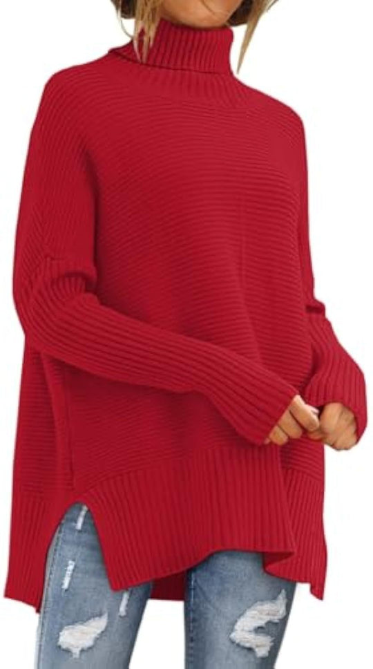 Damen Oversize-Rippenstrick Rollkragenpullover mit Seitenschlitzen und verlängertem Saum EB