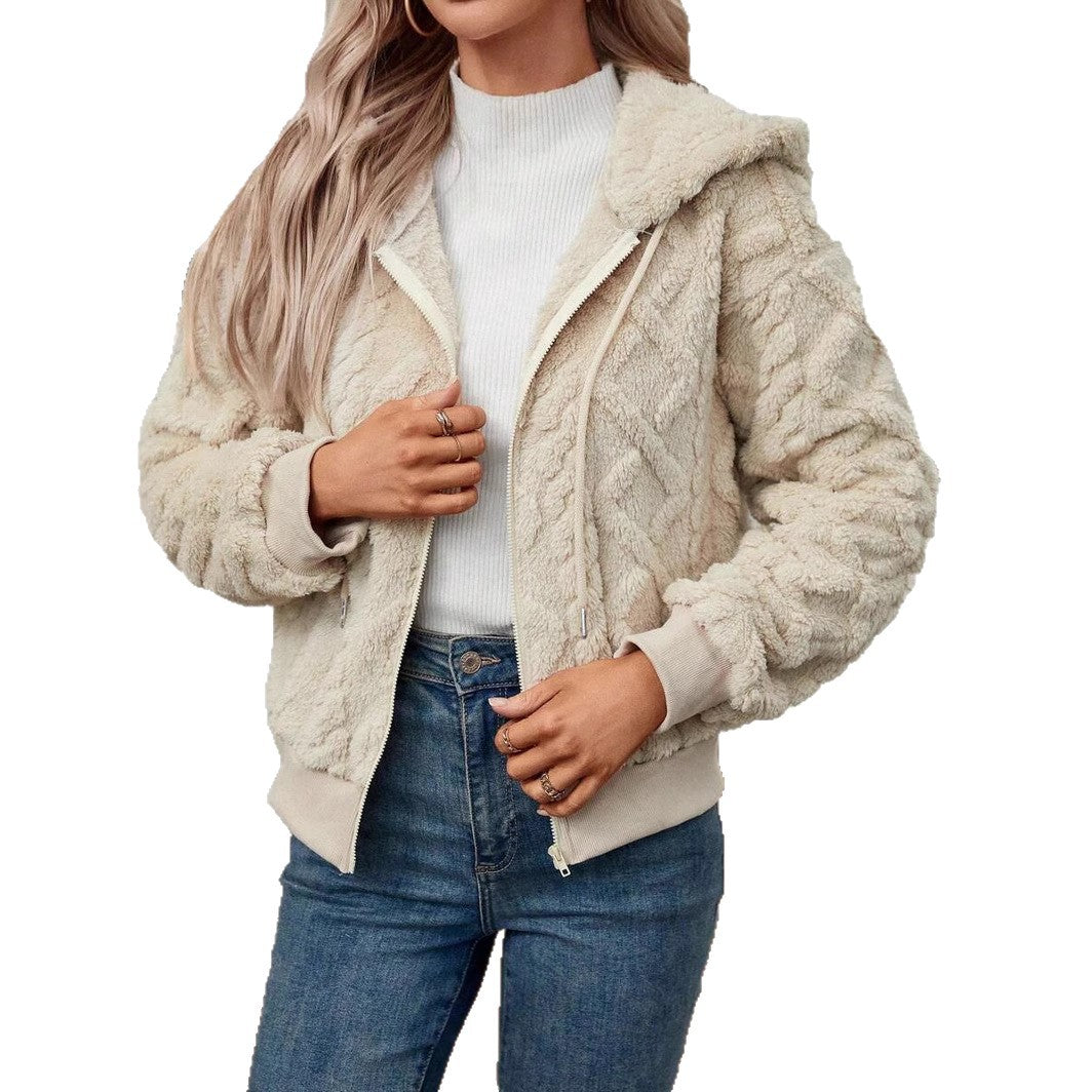 Damen modische Plüschjacke mit Kapuze und gerippten Bündchen EB