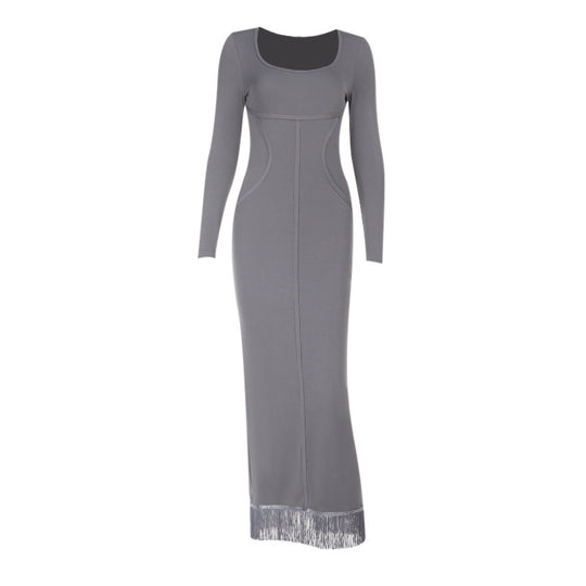 Damen figurbetontes Sweatkleid mit langem Arm und elegantem Quadrat-Ausschnitt EB