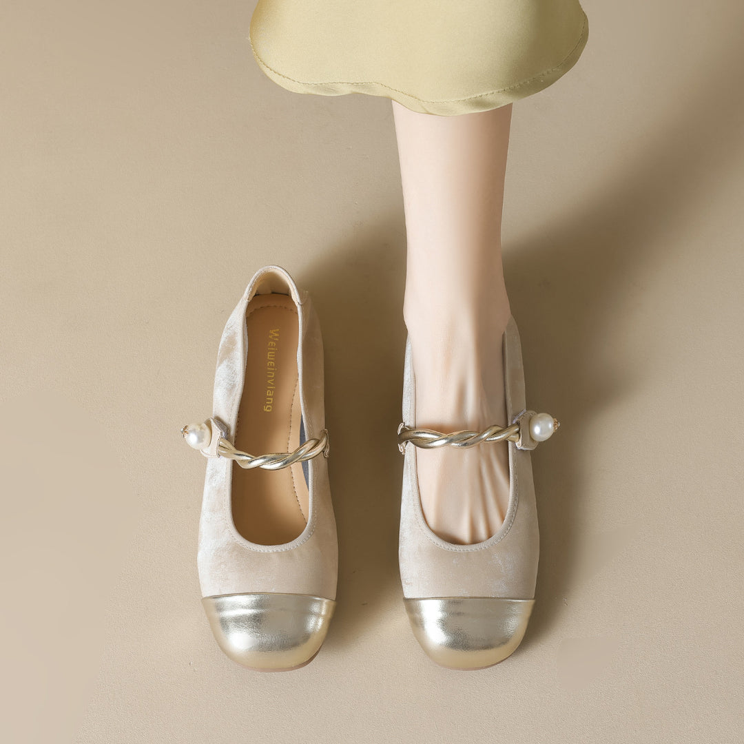Damen Ballerinas mit elegantem Riemen und modischem Perlenschmuck EB