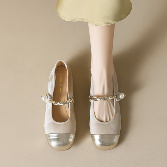 Damen Ballerinas mit elegantem Riemen und modischem Perlenschmuck EB