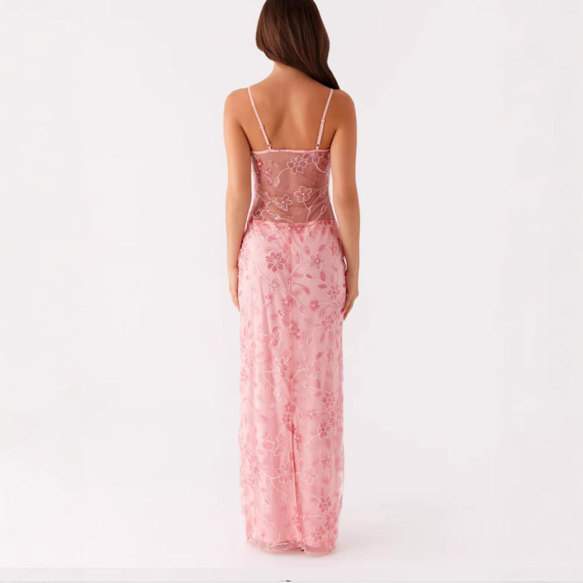 Damen Elegantes Maxikleid mit transparenten Spitzenakzenten und floralen Verzierungen EB
