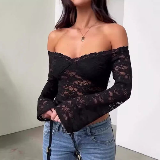 Damen Spitzentop mit Schulterfreiem Design und Volantärmeln EB