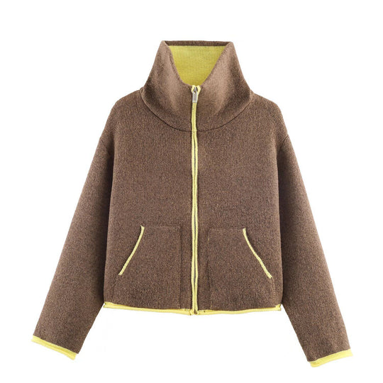Damen nan kurze Fleecejacke mit hohem Stehkragen, durchgehendem Reißverschluss und aufgesetzten Taschen EB