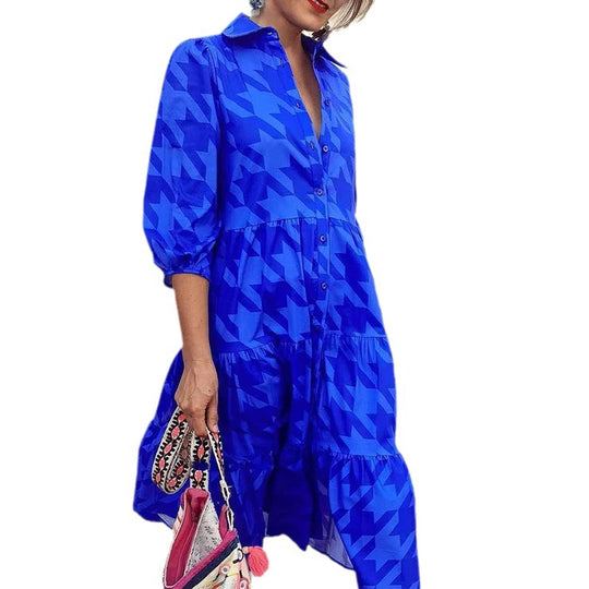 Damen Langarm-Hemdblusenkleid mit modischem Muster und praktischen Taschen EB