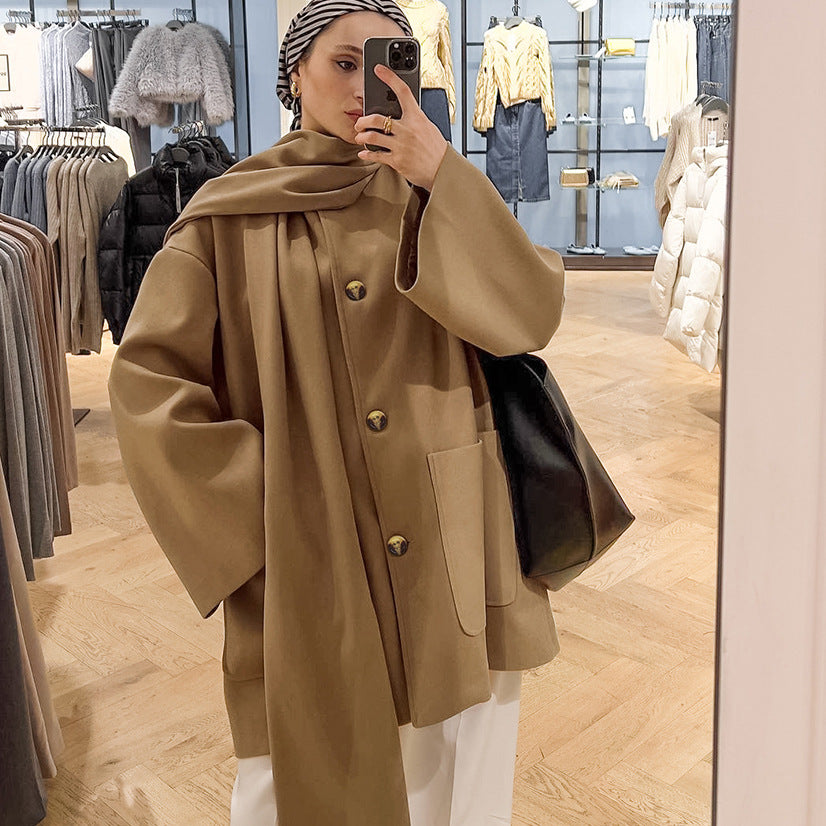 Damen modische Oversized-Jacke mit Schal und praktischen Taschen EB