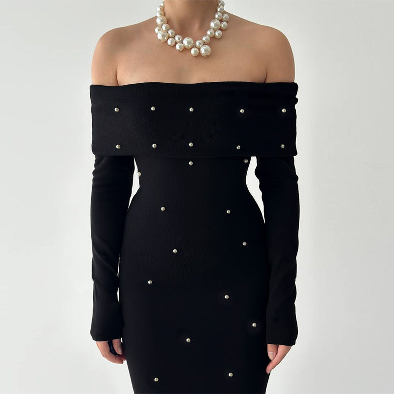 Damen schulterfreies Maxikleid mit eleganter Perlenverzierung und figurbetontem Schnitt EB