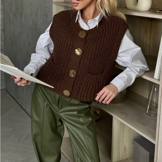 Damen Strickweste mit eleganten Knöpfen und praktischen Taschen EB