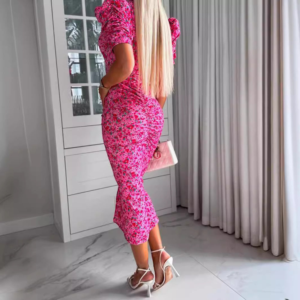 Damen figurbetontes Maxikleid mit Puffärmeln und Raffungen EB
