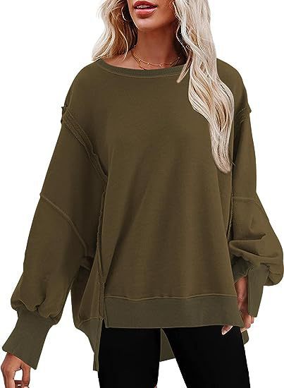 Damen lässiger Sweatshirt mit Ballonärmeln und seitlichen Schlitzen EB