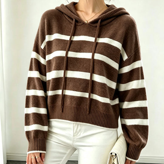 Damen Kapuzen-Strickpullover im Maritim-Look mit geripptem Saum und relaxed Fit EB