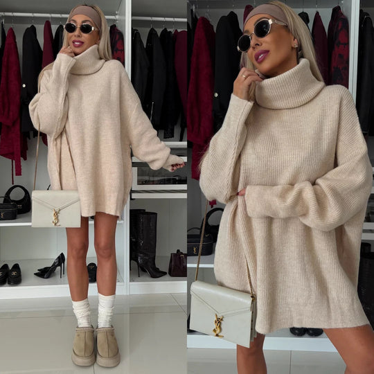 Damen kuscheliges Grobstrick-Minikleid mit extra hohem Rollkragen und oversized Passform EB