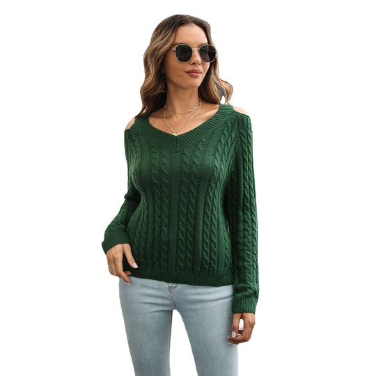 Damen Strickpullover mit lässigem V-Ausschnitt und offenen Schultern EB