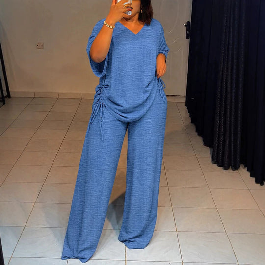 Damen Oversize-Lounge-Set mit V-Ausschnitt, seitlicher Raffung und weiter Palazzohose EB