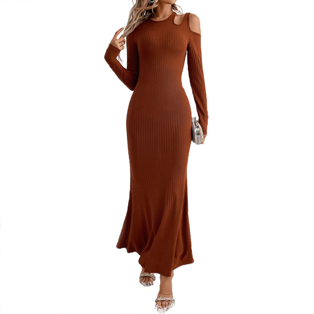 Damen geripptes Meerjungfrauen-Maxikleid mit Cold-Shoulder Cutouts, sculptender Passform und ausgestelltem Saum Eichborn Berlin