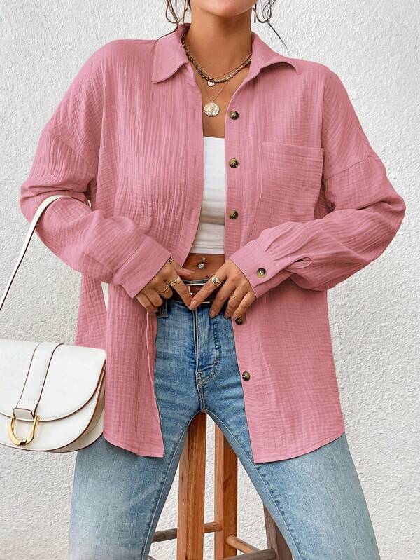 Damen Lässiges Overshirt mit Knopfleiste und Brusttasche EB