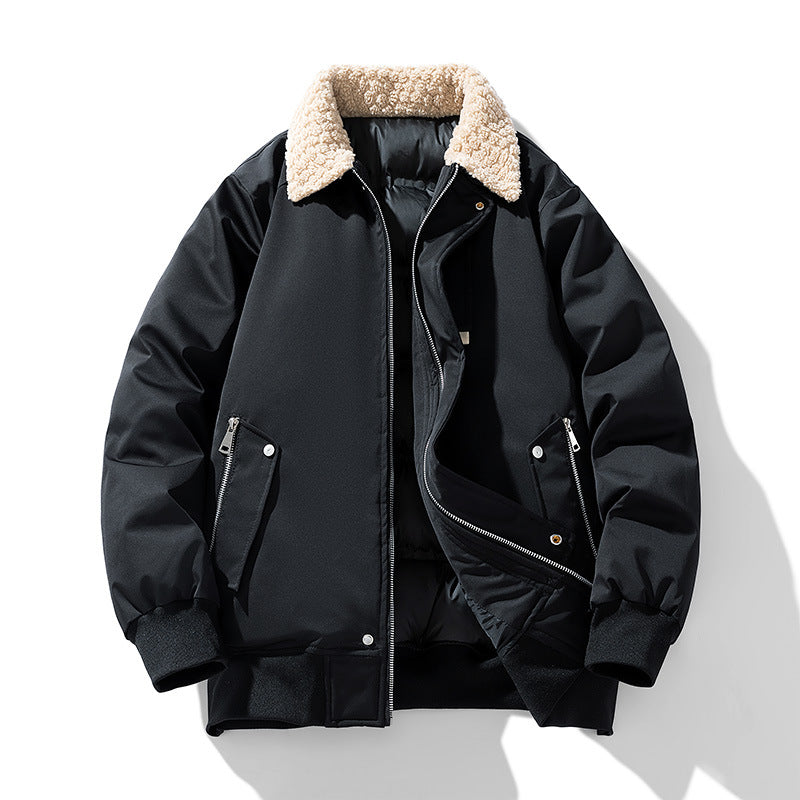 Men's  premium sherpa-collar insulated aviator bomber with storm flap and zippered angled pockets EB