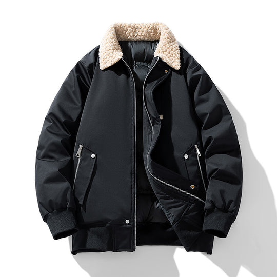 Men's  premium sherpa-collar insulated aviator bomber with storm flap and zippered angled pockets EB