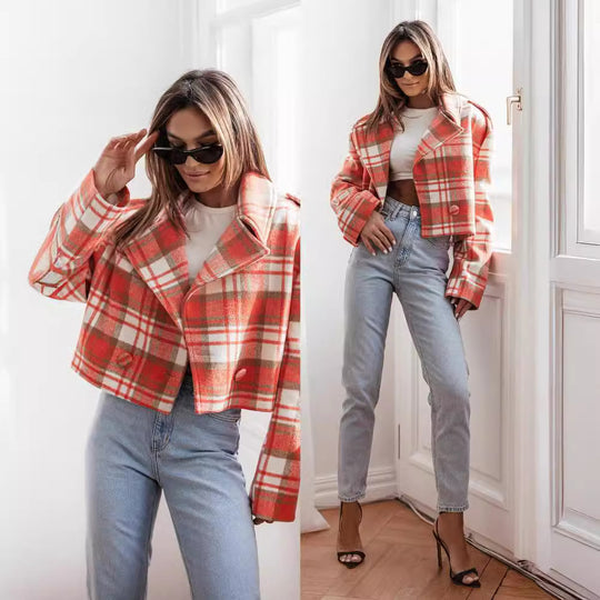 Damen Karierte Cropped Jacke EB