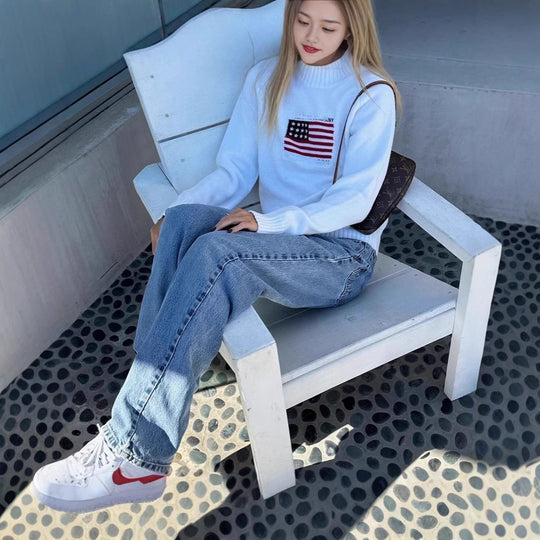 Damen Lässiger Pullover mit kreativem Flaggenmotiv und weichem Strick EB