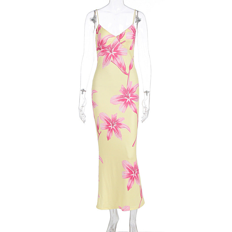Damen Elegantes Blumenmaxikleid mit feinen Spaghettiträgern und figurbetontem Schnitt EB