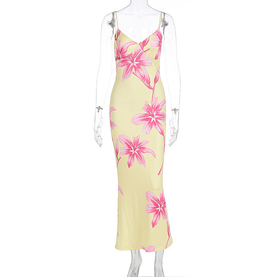 Damen Elegantes Blumenmaxikleid mit feinen Spaghettiträgern und figurbetontem Schnitt EB