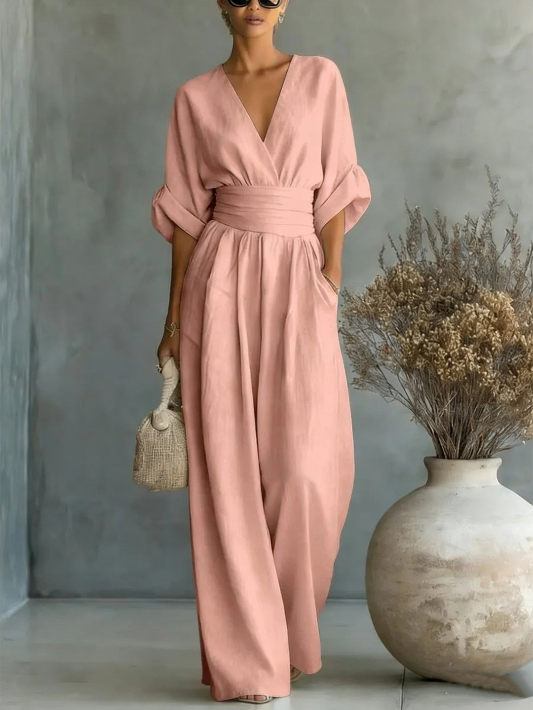 Damen Maxikleid mit V-Ausschnitt und Puffärmeln EB