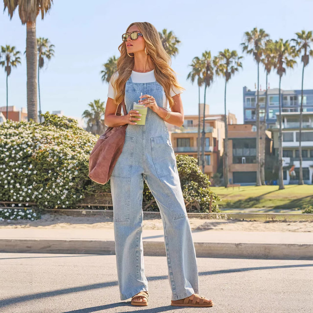 Damen Lässige Overall aus Denim mit weit geschnittenem Bein und praktischen Taschen EB
