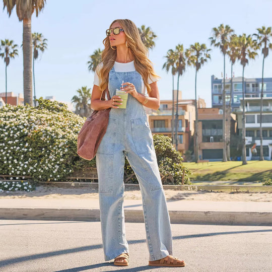 Damen Lässige Overall aus Denim mit weit geschnittenem Bein und praktischen Taschen EB