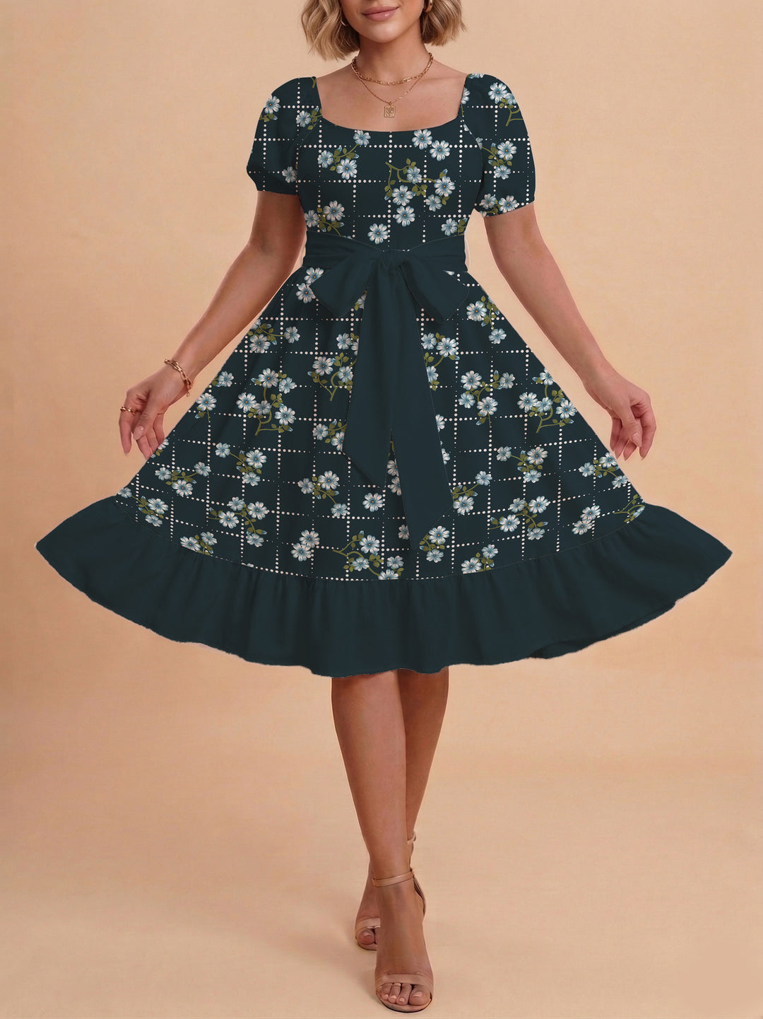 Damen Blumenkleid mit taillierbarem Gürtel und voluminösen Ärmeln EB