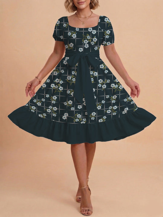 Damen Blumenkleid mit taillierbarem Gürtel und voluminösen Ärmeln EB