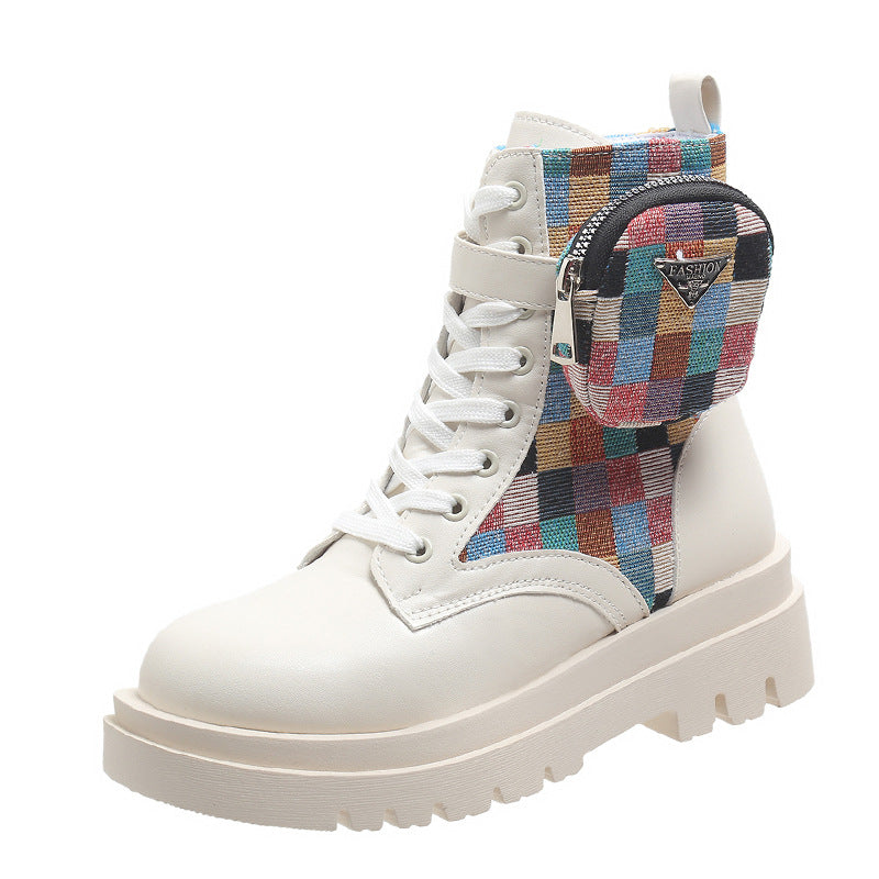 Damen modische Schnürstiefeletten mit buntem Riemendesign und praktischer Seitentasche EB