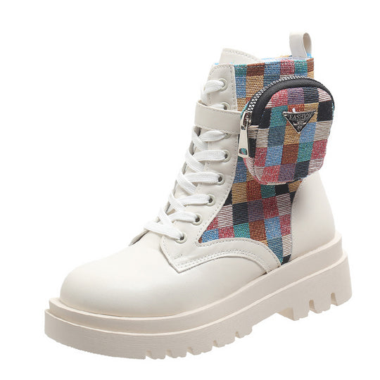 Damen modische Schnürstiefeletten mit buntem Riemendesign und praktischer Seitentasche EB