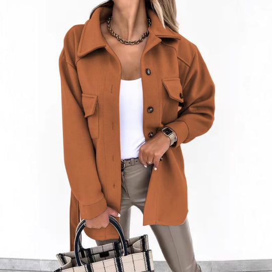 Damen Modische Overshirt-Jacke mit aufgesetzten Taschen und Knopfverschluss EB